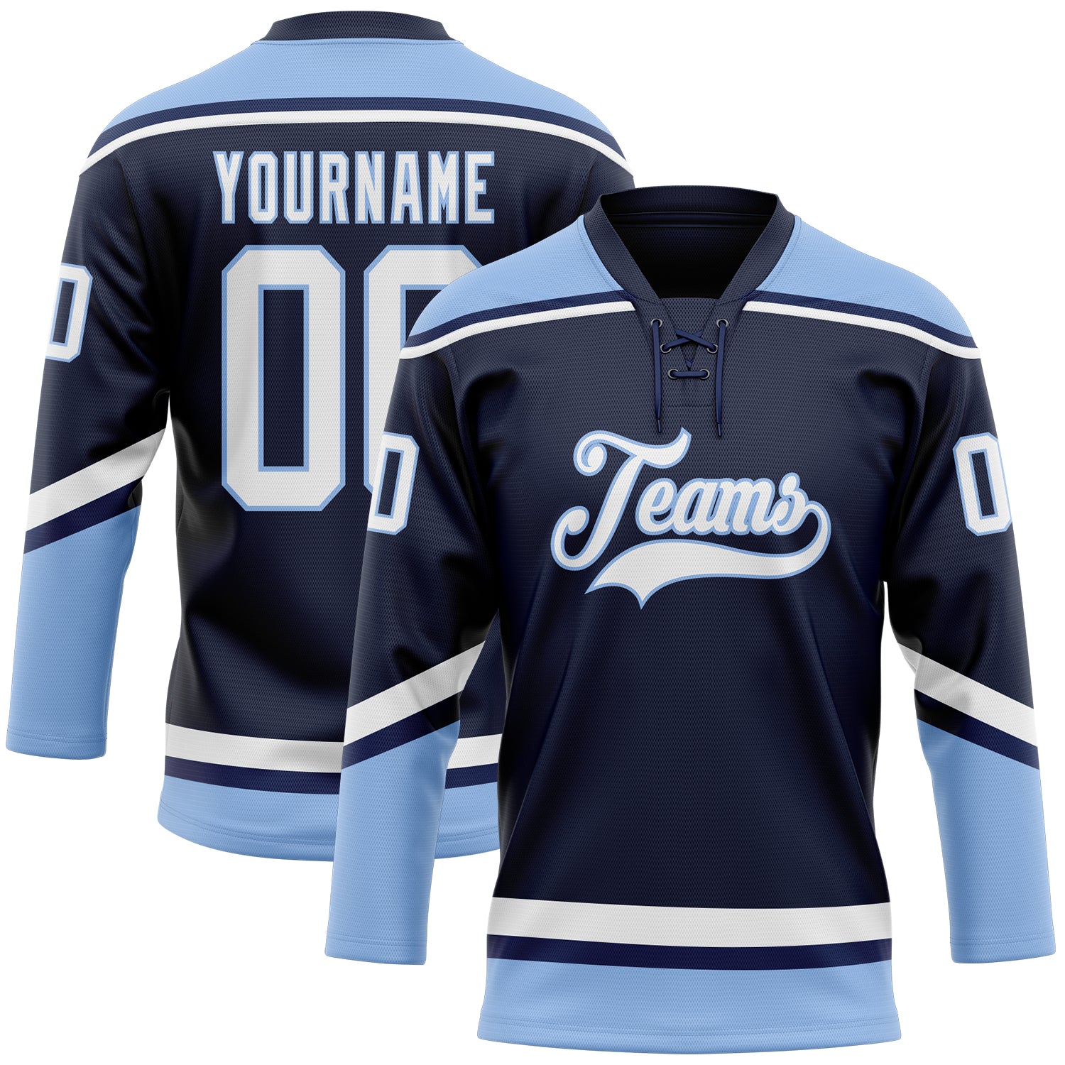 Custom Name and Number Hockey Jersey - Personalized Navy and Light Blue Lace Neck Team Apparel Personalized Navy White-Light
