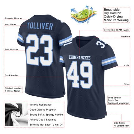 Custom Name and Number Authentic Football Jersey - Personalized Navy White-Light Blue Mesh Personalized Navy White-Light