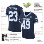 Custom navy, white and light blue mesh throwback football jersey, back view