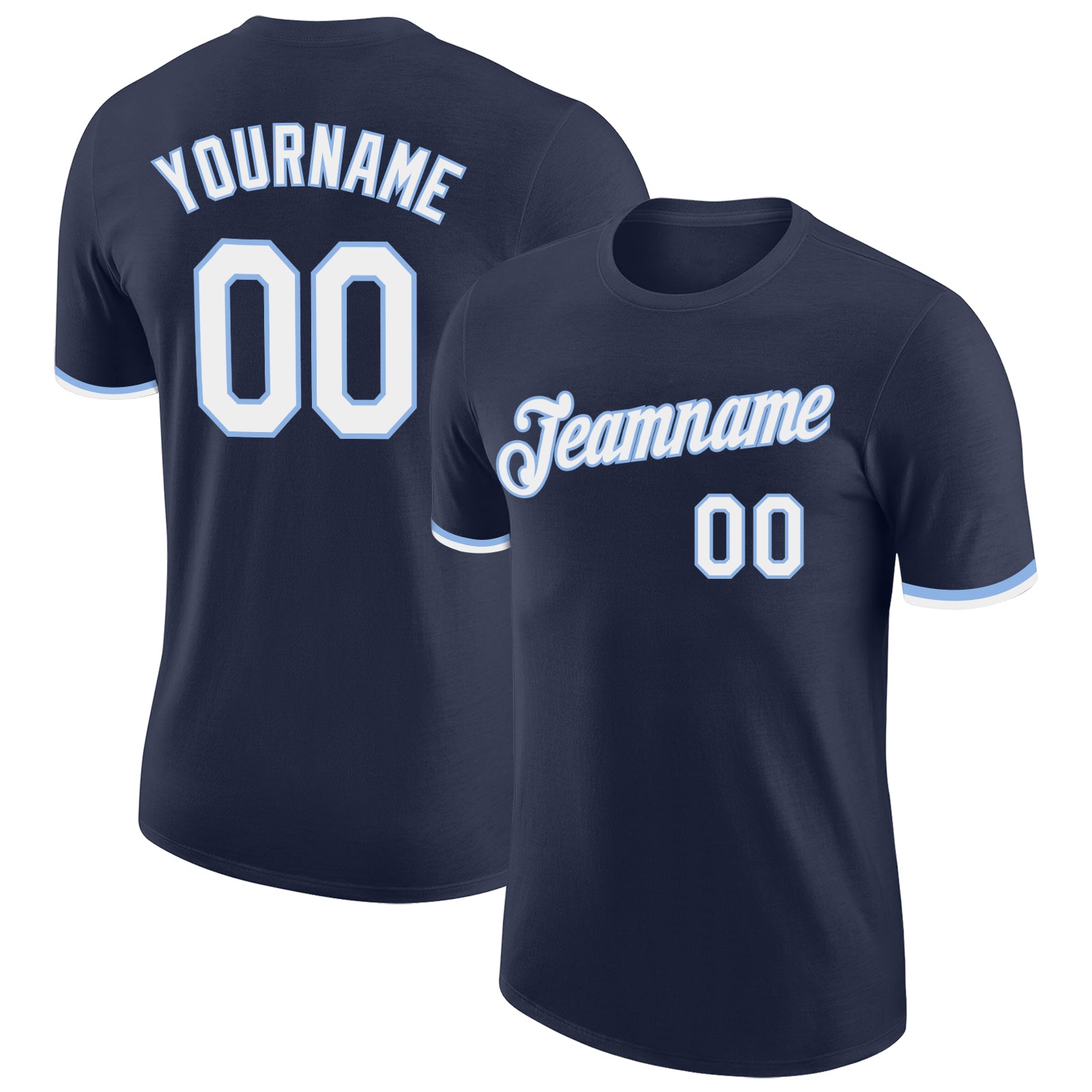 Custom Team Performance T-Shirt with Personalized Name & Number - Navy & Light Blue Personalized Navy White-Light Blue Performance