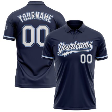 Custom Team Name Number Performance Golf Polo Shirt - Personalized Navy White Light Blue Personalized Navy White-Light Blue