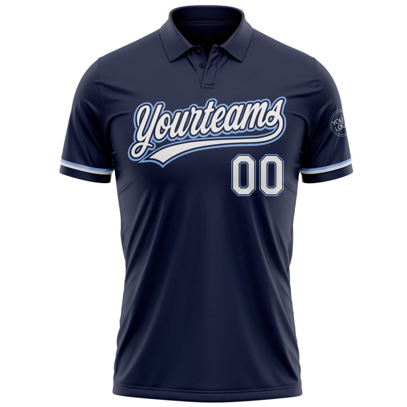 Custom Team Name Number Performance Golf Polo Shirt - Personalized Navy White Light Blue Personalized Navy White-Light Blue