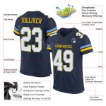Customizable Navy and Light Blue Football Jersey with Yellow Accents, Personalized Name and Number, Authentic Team Gear Personalized