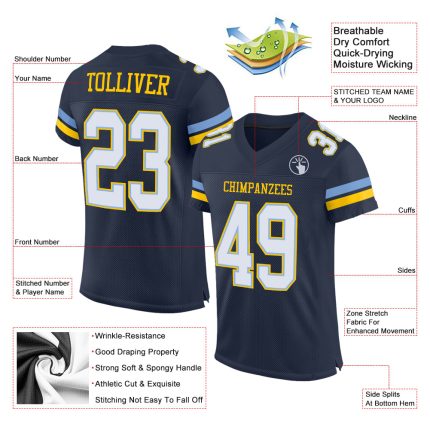 Customizable Navy and Light Blue Football Jersey with Yellow Accents, Personalized Name and Number, Authentic Team Gear Personalized
