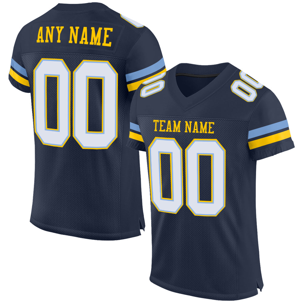 Customizable Navy and Light Blue Football Jersey with Yellow Accents, Personalized Name and Number, Authentic Team Gear Personalized