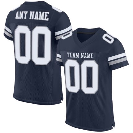 Personalized Navy Blue White Light Gray Football Jersey - Authentic Mesh Style Personalized Navy White-Light Gray Mesh Authentic