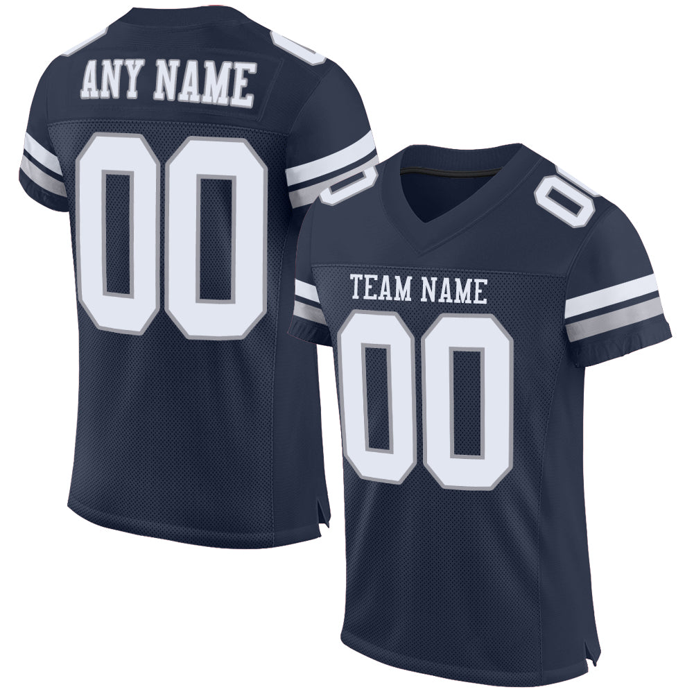 Personalized Navy Blue White Light Gray Football Jersey - Authentic Mesh Style Personalized Navy White-Light Gray Mesh Authentic