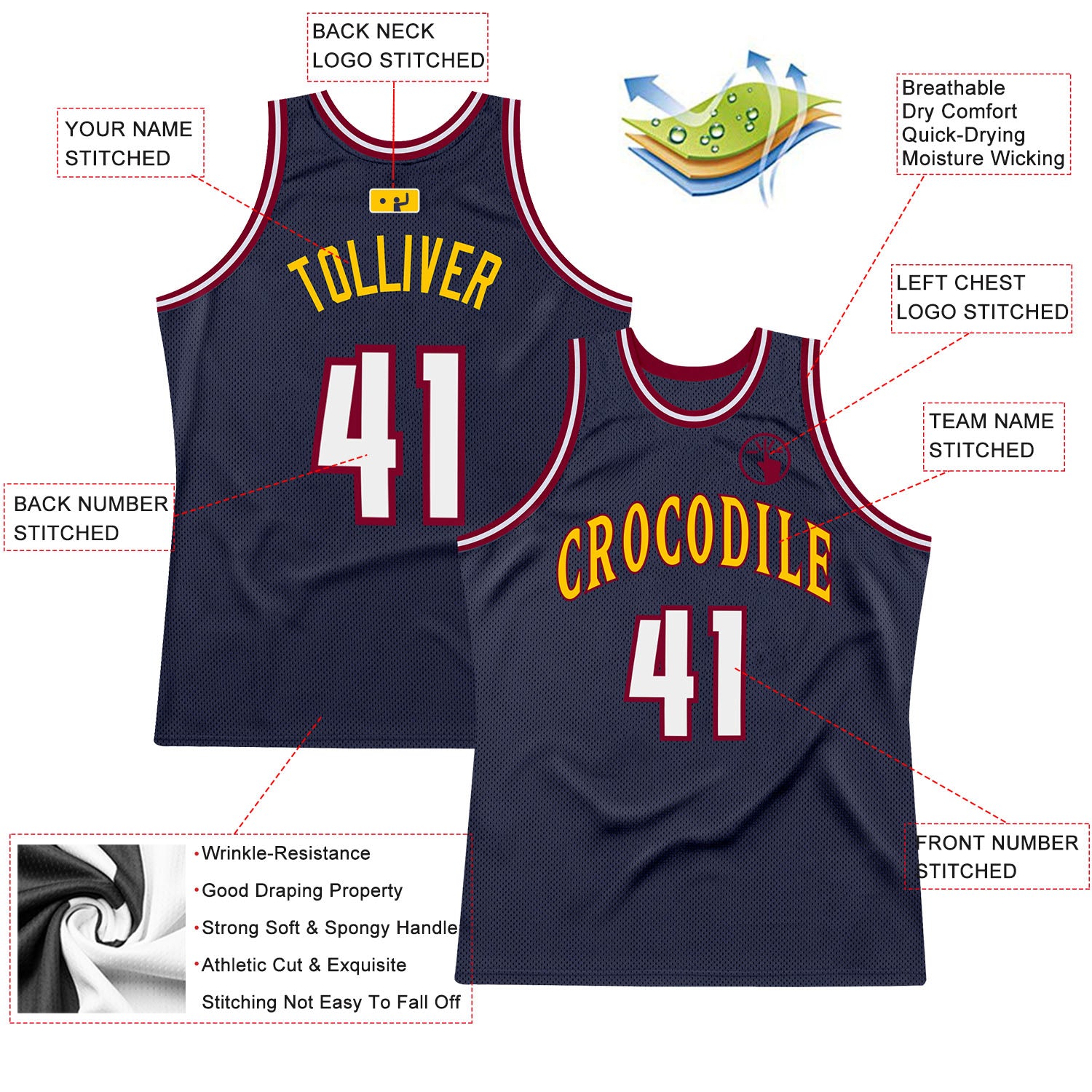 Personalized Navy White-Maroon Authentic Throwback Basketball Jersey Team Custom Name and Number Custom Team Name and Number Authentic Throwback Basketball Jersey - Personalized Navy White Maroon Design Personalized Navy - Image 2