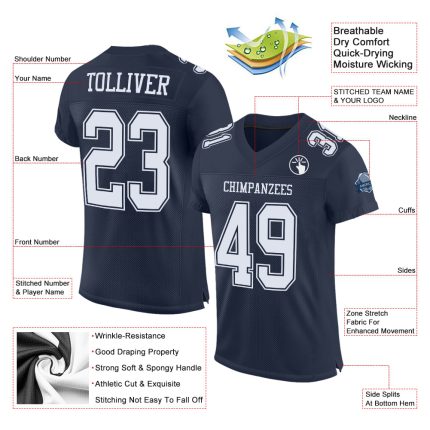 Personalized Authentic Football Jersey in Navy and White Mesh Design Personalized Navy White Mesh Authentic Football Jersey