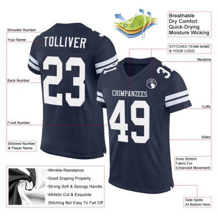 Custom Team Name Number Navy White Mesh Authentic Football Jersey Personalized Navy White Mesh Authentic Football Jersey