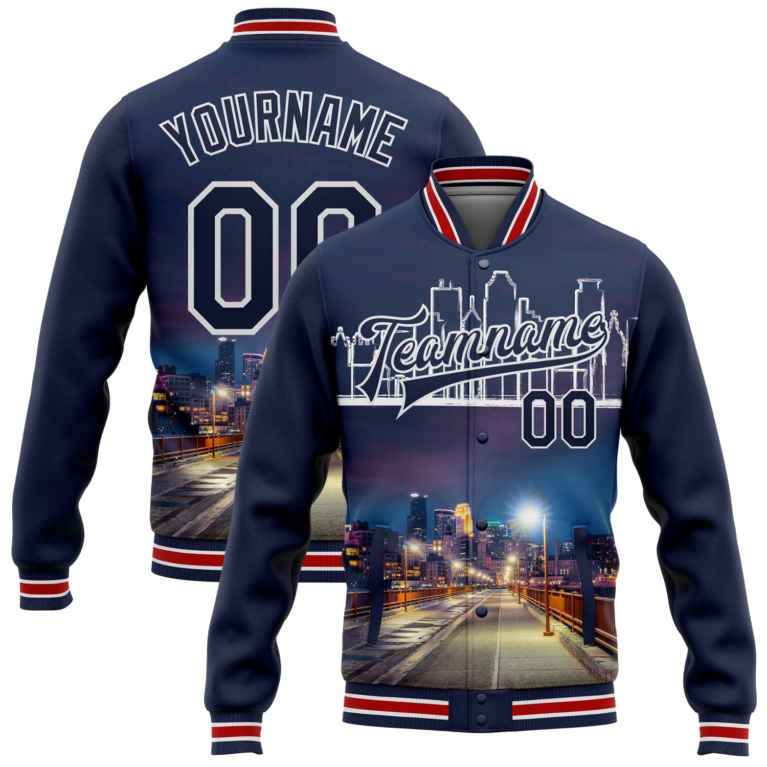 Custom Name Number Navy White Minneapolis Minnesota City Edition 3D Bomber Full-Snap Varsity Letterman Jacket Personalized