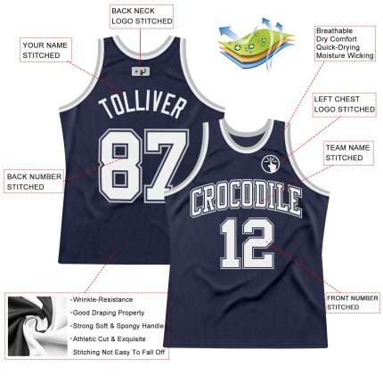 Custom Personalized Basketball Jersey with Team Name and Number - Navy White Navy-Gray Authentic Throwback Personalized Navy