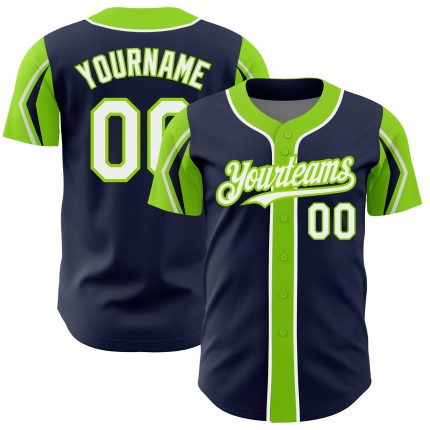 Custom Baseball Jersey with Personalized Name & Number, Navy White Neon Green, Authentic 3 Colors Arm Shapes Personalized