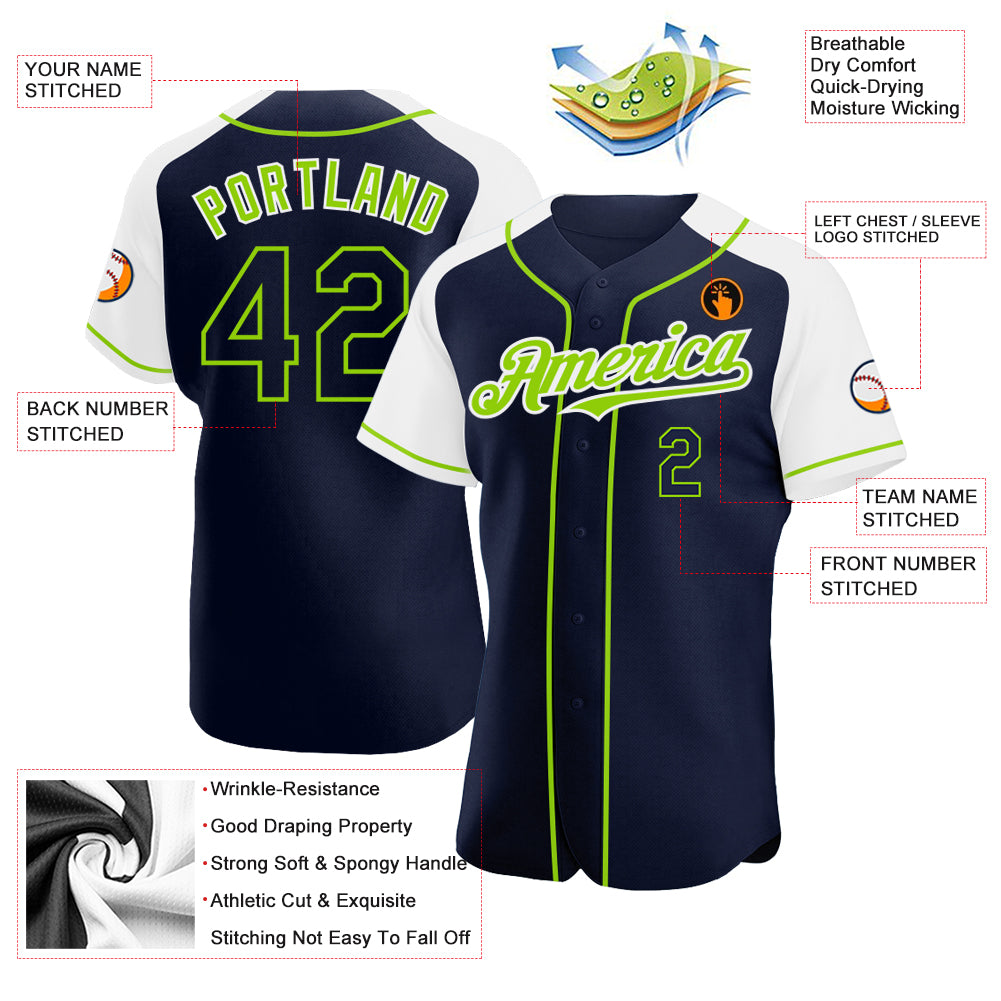Personalized Navy White-Neon Green Authentic Raglan Sleeves Baseball Jersey Team Custom Name and Number Custom Name & Number Authentic Baseball Jersey - Personalized Navy White Neon Green Raglan Sleeves Personalized Navy White-Neon - Image 3