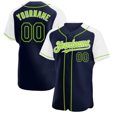 Custom Name & Number Authentic Baseball Jersey - Personalized Navy White Neon Green Raglan Sleeves Personalized Navy White-Neon