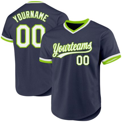 Custom Name and Number Authentic Baseball Jersey in Navy, White, and Neon Green - Personalized Throwback Design Personalized