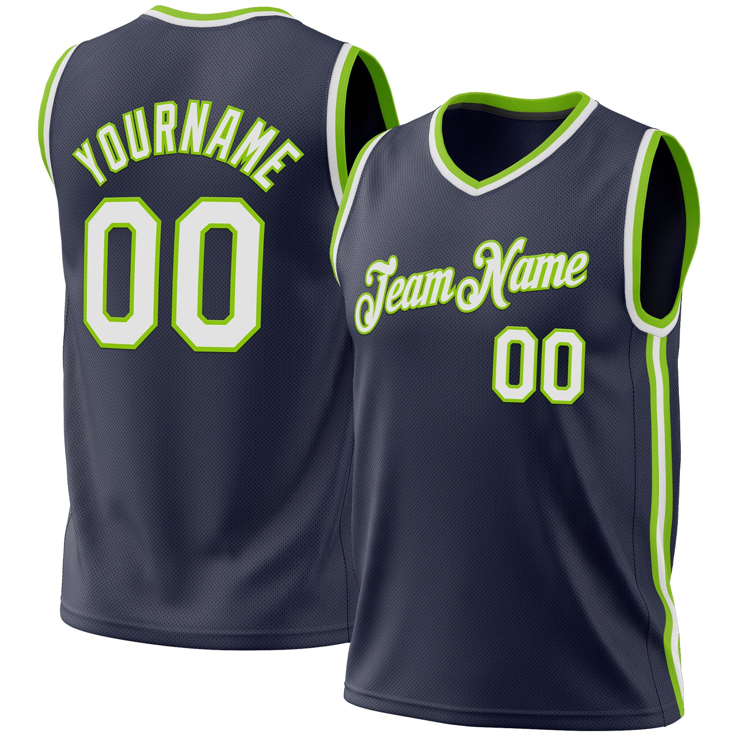 Custom Name & Number Personalized Basketball Jersey - Authentic Navy White Neon Green Throwback Design Personalized Navy