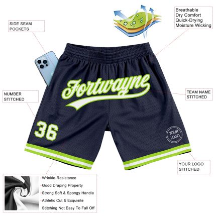 Custom Name Number Authentic Throwback Basketball Shorts Navy White Neon Green Personalized Team Gear Personalized Navy White-Neon