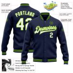 Custom Navy White Neon Green Bomber Varsity Jacket with Team Name and Number - Personalized Full-Snap Letterman Jacket Personalized