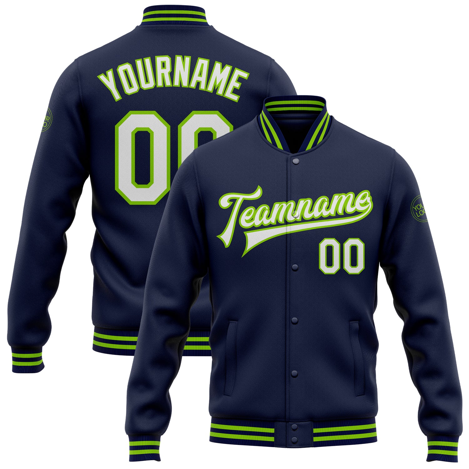 Custom Navy White Neon Green Bomber Varsity Jacket with Team Name and Number - Personalized Full-Snap Letterman Jacket Personalized