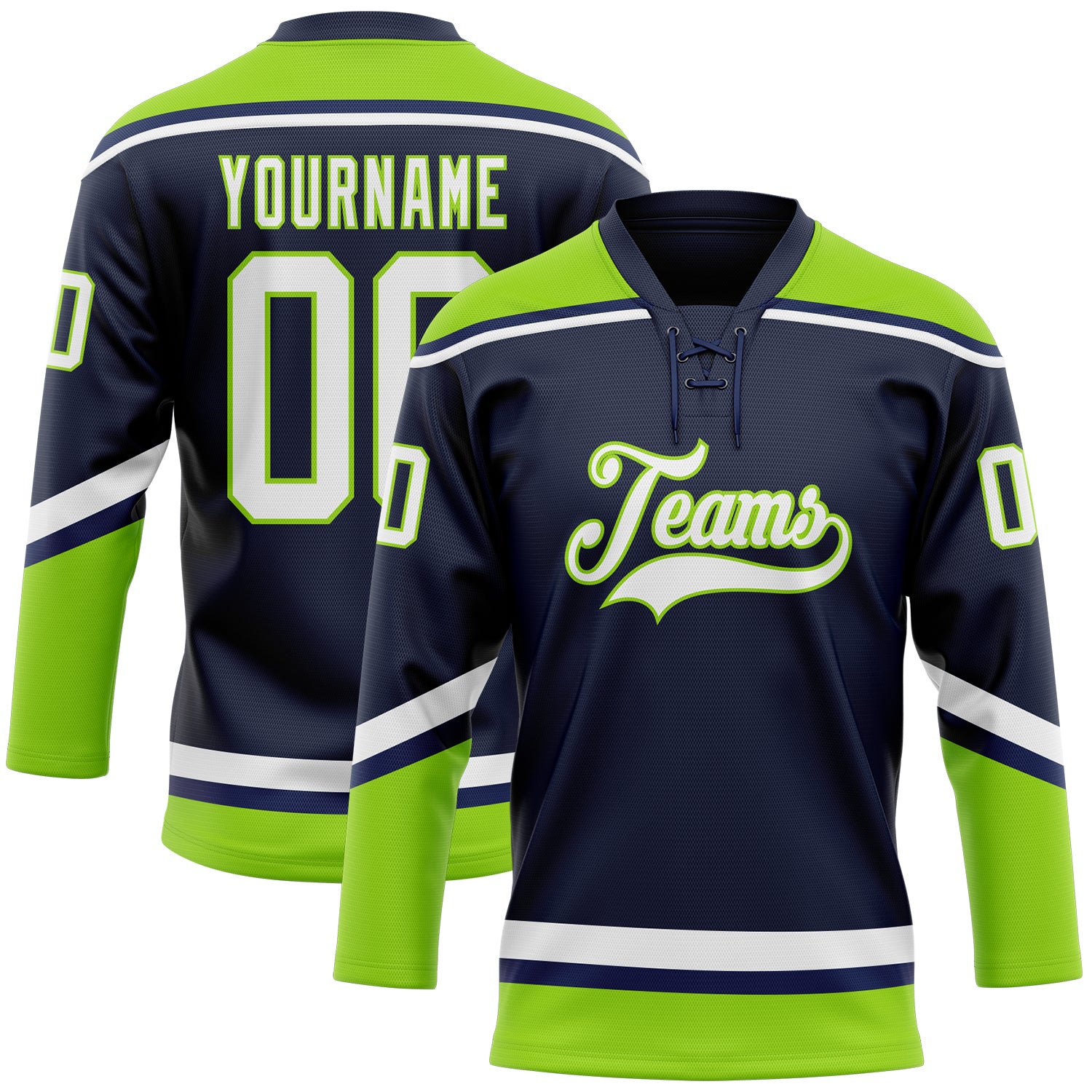 Custom Name and Number Hockey Jersey in Navy White and Neon Green - Personalized Lace Neck Team Apparel Personalized Navy