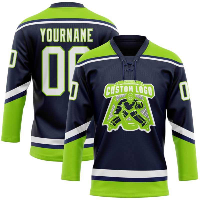 Custom Name and Number Hockey Jersey in Navy White and Neon Green - Personalized Lace Neck Team Apparel Personalized Navy