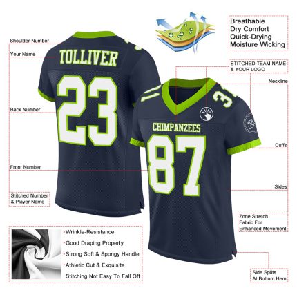 Custom Personalized Football Jersey - Navy White Neon Green Mesh, Team Name & Number Personalized Navy White-Neon Green Mesh