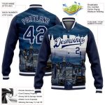 Navy White Personalized New York City 3D Varsity Letterman Jacket with Custom Name and Number, Full-Snap Bomber Design Personalized