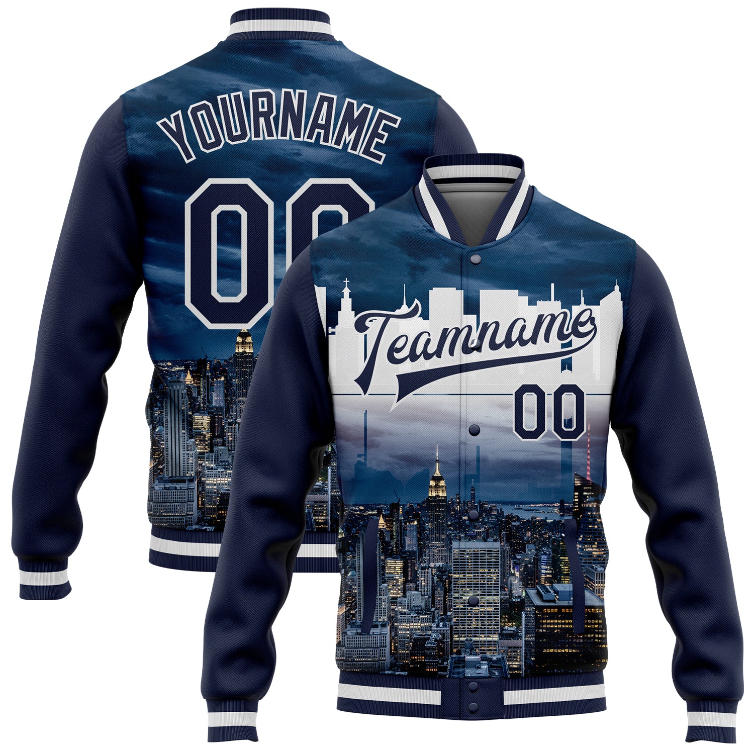Navy White Personalized New York City 3D Varsity Letterman Jacket with Custom Name and Number, Full-Snap Bomber Design Personalized