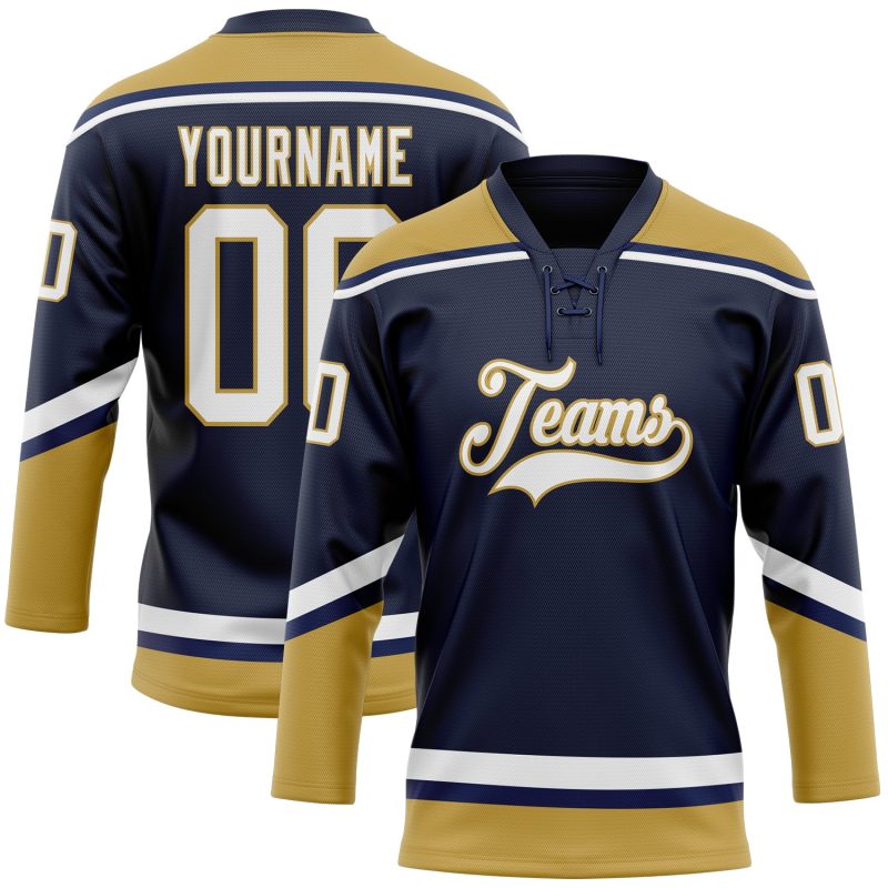 Custom Hockey Jersey with Personalized Name and Number in Navy White and Old Gold Lace - Team Spirit Wear Personalized Navy
