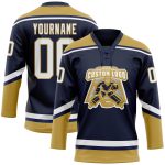 Custom Hockey Jersey with Personalized Name and Number in Navy White and Old Gold Lace - Team Spirit Wear Personalized Navy
