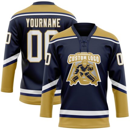Custom Hockey Jersey with Personalized Name and Number in Navy White and Old Gold Lace - Team Spirit Wear Personalized Navy