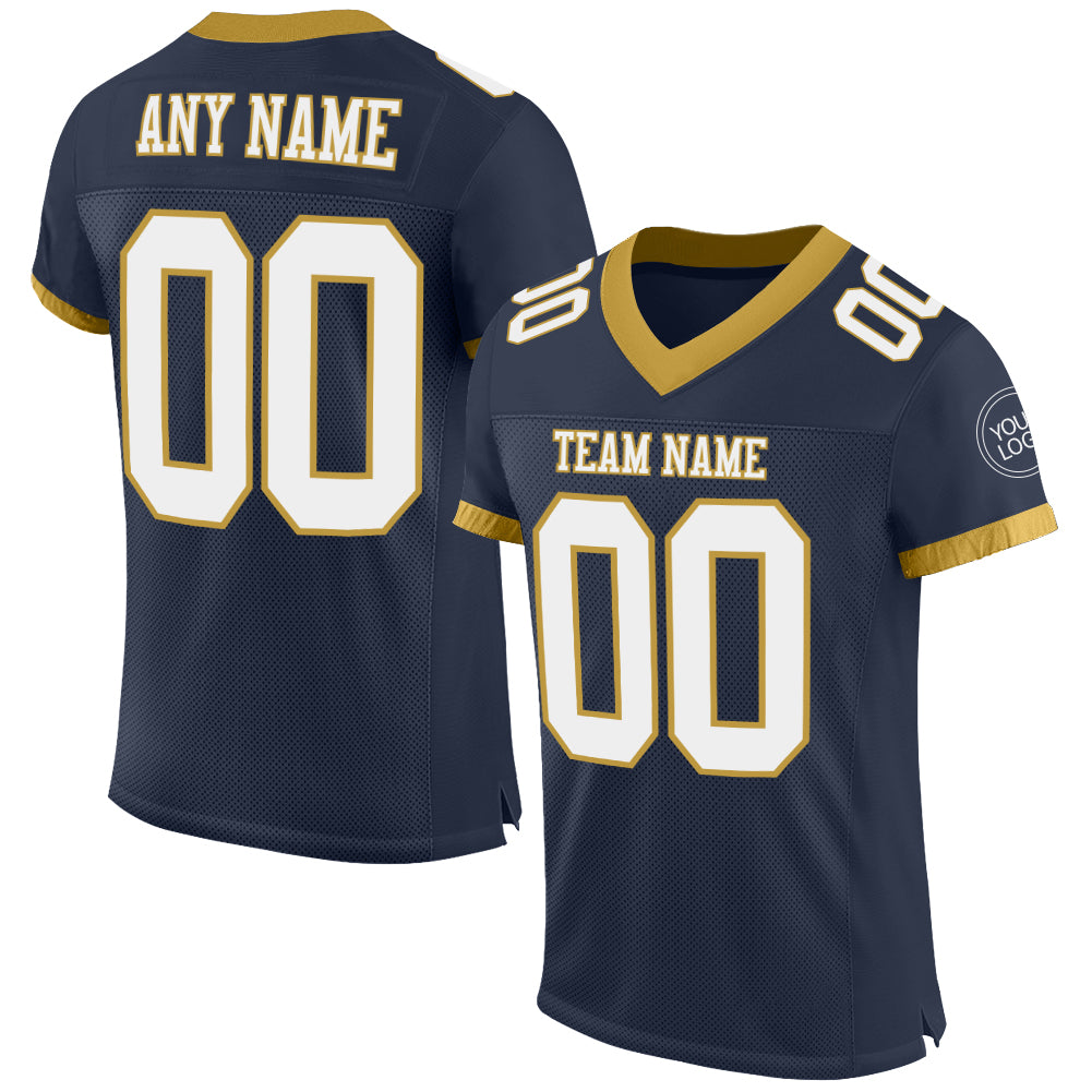 Customizable Navy and White Gold Mesh Football Jersey with Personalized Name and Number - Authentic Team Apparel Personalized