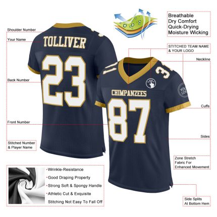 Customizable Navy and White Gold Mesh Football Jersey with Personalized Name and Number - Authentic Team Apparel Personalized