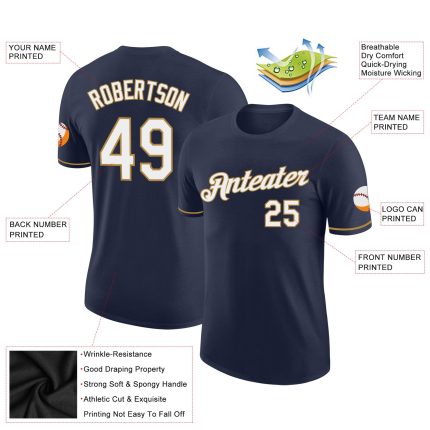 Custom Team Performance T-Shirt with Personalized Name and Number - Navy White-Old Gold Personalized Navy White-Old Gold