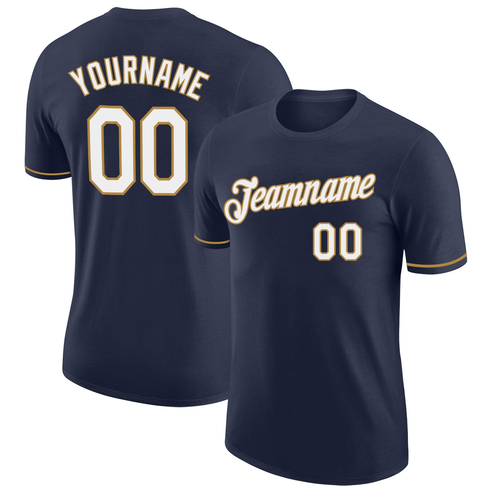 Custom Team Performance T-Shirt with Personalized Name and Number - Navy White-Old Gold Personalized Navy White-Old Gold