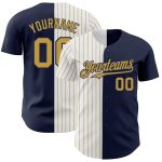 Custom Name and Number Personalized Baseball Jersey - Navy White Old Gold Pinstripe Authentic Split Style Personalized Navy