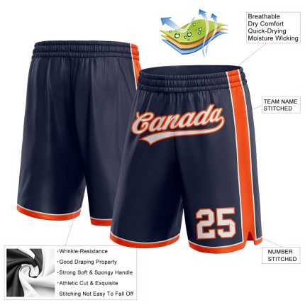 Custom Personalized Basketball Shorts Navy White-Orange with Team Name and Number - Authentic Sportswear Personalized Navy
