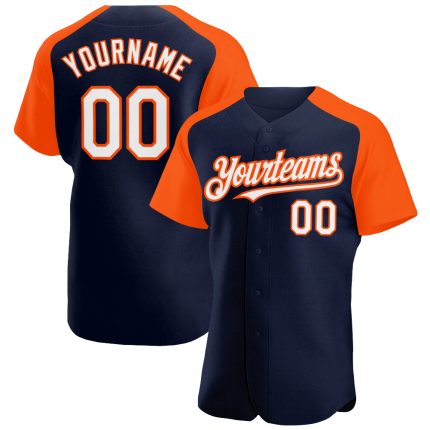 Custom Name and Number Baseball Jersey - Personalized Authentic Navy White-Orange Raglan Sleeves Personalized Navy White-Orange