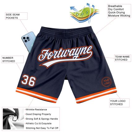 Custom Name Number Basketball Shorts - Personalized Authentic Throwback Navy White Orange Team Gear Personalized Navy White-Orange