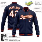 Custom Varsity Letterman Jacket with Name & Number - Personalized Navy White-Orange Bomber Full-Snap Style Personalized Navy