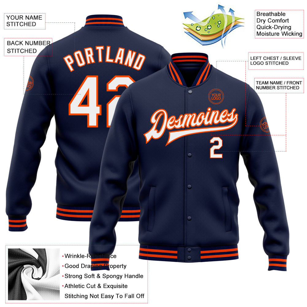Personalized Navy White-Orange Bomber Full-Snap Varsity Letterman Jacket Team Custom Name and Number Custom Varsity Letterman Jacket with Name & Number - Personalized Navy White-Orange Bomber Full-Snap Style Personalized Navy - Image 3