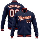 Custom Varsity Letterman Jacket with Name & Number - Personalized Navy White-Orange Bomber Full-Snap Style Personalized Navy