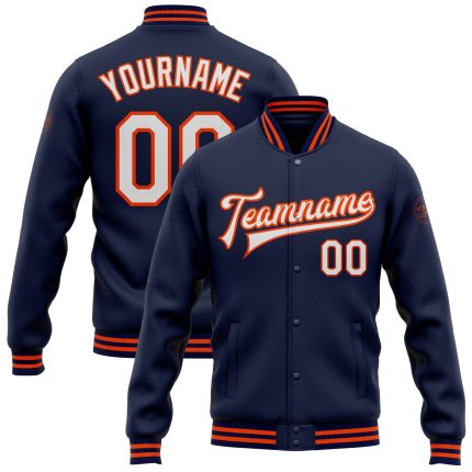 Custom Varsity Letterman Jacket with Name & Number - Personalized Navy White-Orange Bomber Full-Snap Style Personalized Navy