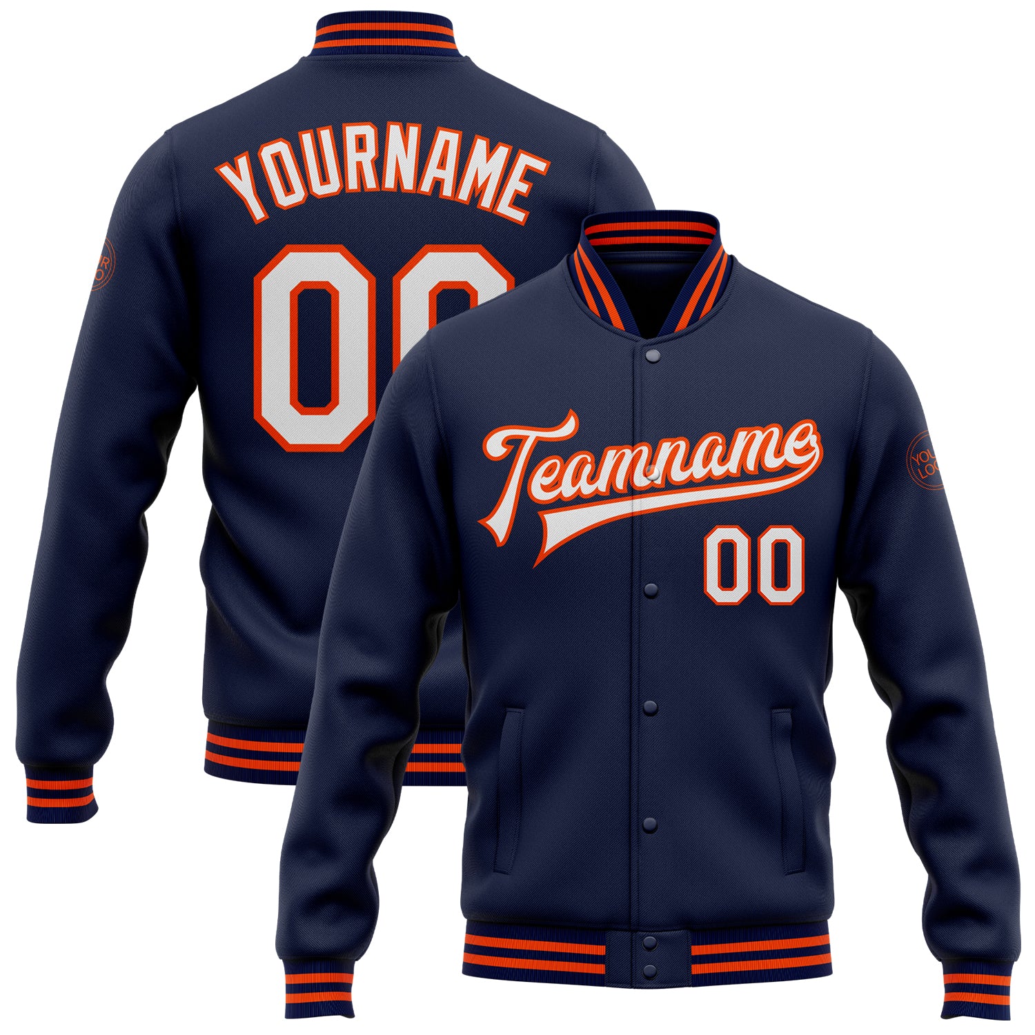 Custom Varsity Letterman Jacket with Name & Number - Personalized Navy White-Orange Bomber Full-Snap Style Personalized Navy