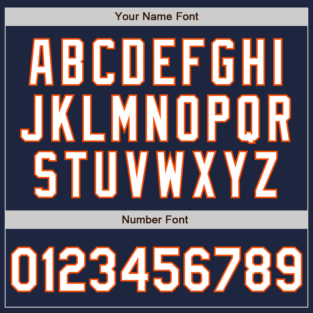 Personalized Navy White-Orange Bomber Full-Snap Varsity Letterman Jacket Team Custom Name and Number Custom Varsity Letterman Jacket with Name & Number - Personalized Navy White-Orange Bomber Full-Snap Style Personalized Navy - Image 5
