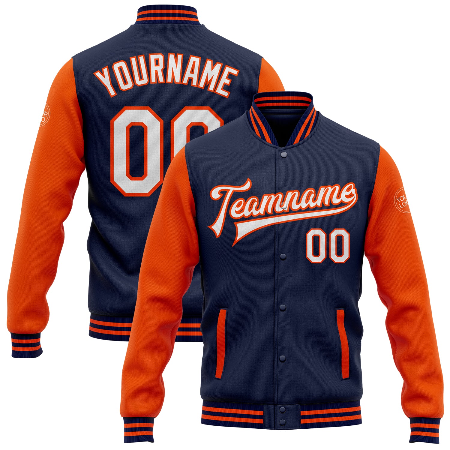 Custom Team Name Number Navy White Orange Bomber Jacket Full Snap Varsity Letterman Two Tone Personalized Navy White-Orange