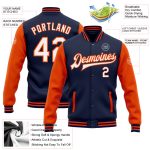 Custom Team Name Number Navy White Orange Bomber Jacket Full Snap Varsity Letterman Two Tone Personalized Navy White-Orange