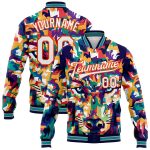 Custom Navy White Orange Colorful Wolf Bomber Jacket with Team Name and Number - 3D Pattern Varsity Full-Snap Letterman Style