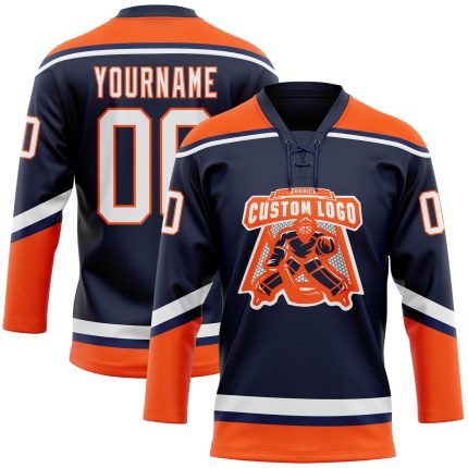 Custom Name and Number Navy Orange White Hockey Jersey - Personalized Lace Neck Team Jersey Personalized Navy White-Orange